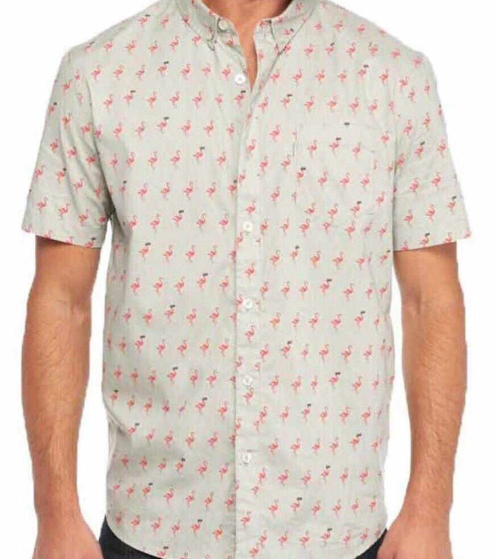 Retrofit Men's Shirt Flamingo Print Short Sleeve Button Down XL Pocket